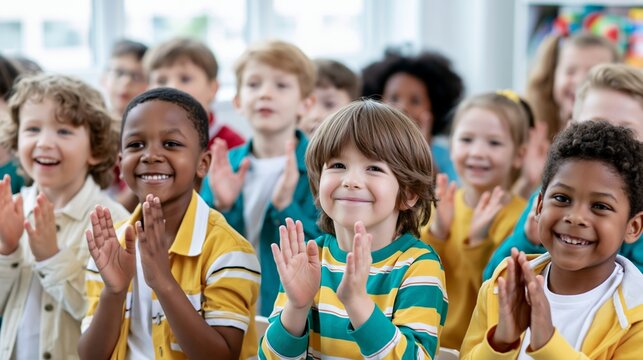 Diverse students clapping and smiling, celebrating success and showing approval in a bright classroom