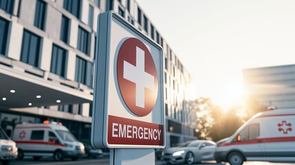Obraz premium Emergency entrance sign at a modern hospital building with ambulances and cars during a bright day