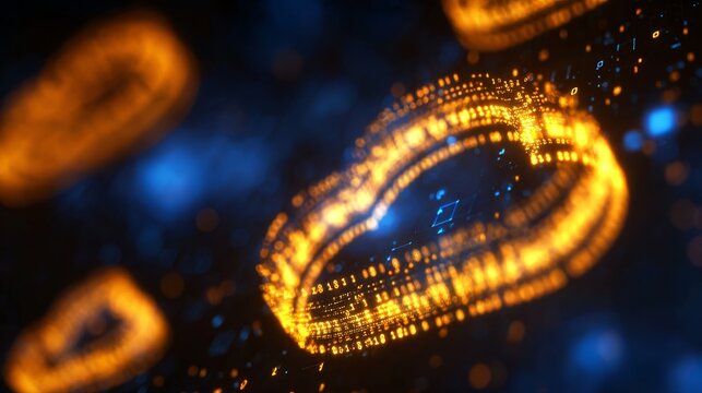 Futuristic cloud computing hologram with digital data flow, blue and golden code background