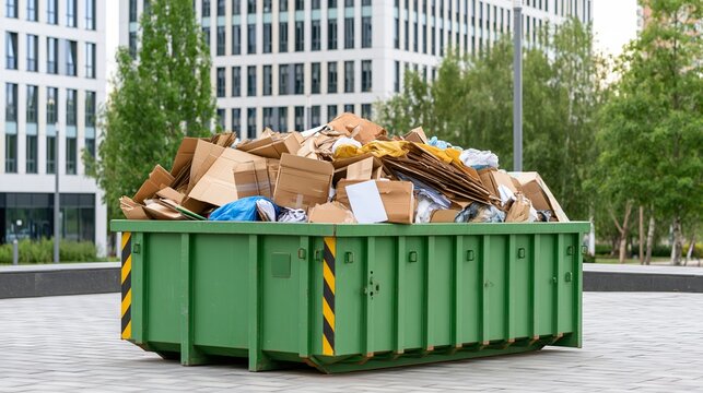 Green industrial dumpster overflowing with cardboard waste, symbolizing urban recycling challenges and excessive consumption