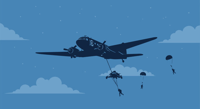 Parachuting from Plane with Vehicle Sky Blue Background. Silhouette illustration of parachuters jumping from a plane with a vehicle attached.