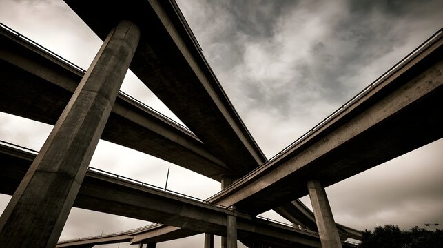 An abstract dramatic view of a highway interchange showcasing rustic textures and earthy tones from a worm s eye perspective