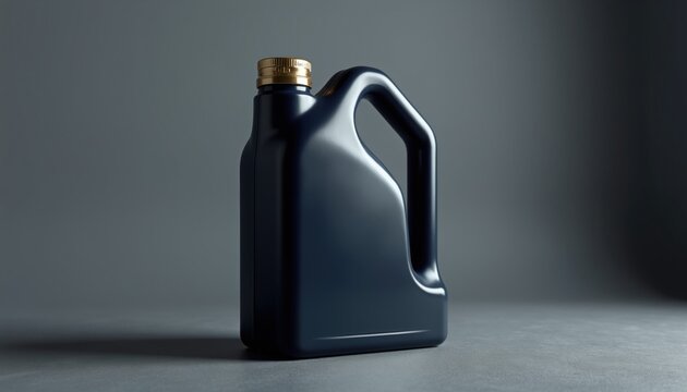 Dark plastic jerrycan with golden cap on plain background. Container for liquids like oil fuel or chemicals. Blank product packaging for automotive industry needs.