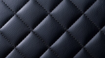Naklejka premium Dark black quilted leather with diagonal stitched diamond pattern creates textured luxury upholstery background for fashion and furniture design