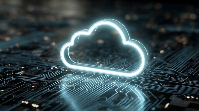 Futuristic glowing cloud icon over digital circuit board background representing cloud computing technology