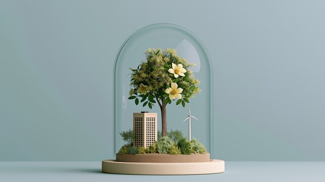 Miniature ecofriendly green city scene with blooming tree skyscraper and wind turbine displayed inside glass dome on light blue background for sustainable urban concept
