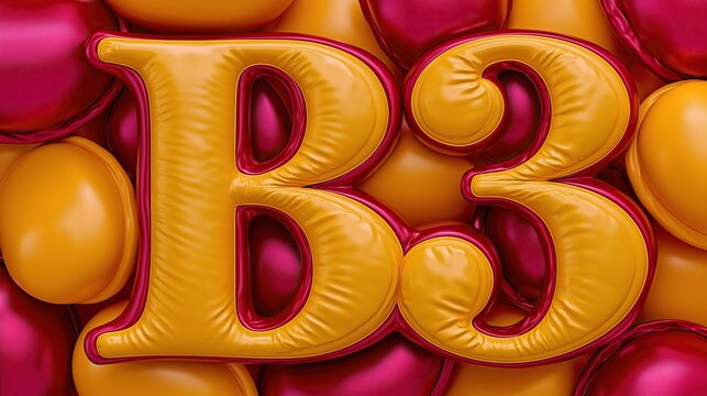 Inflatable puffy 3d text B3 with yellow fill and red border surrounded by matching colored round inflated balloons for playful bold graphic design