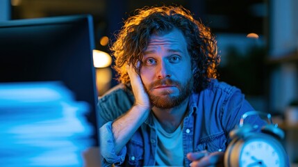 Fototapeta premium Stressed office worker staying late at desk with alarm clock