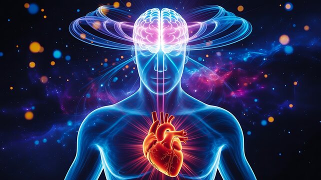 Futuristic human anatomy with glowing brain and heart representing mind body connection