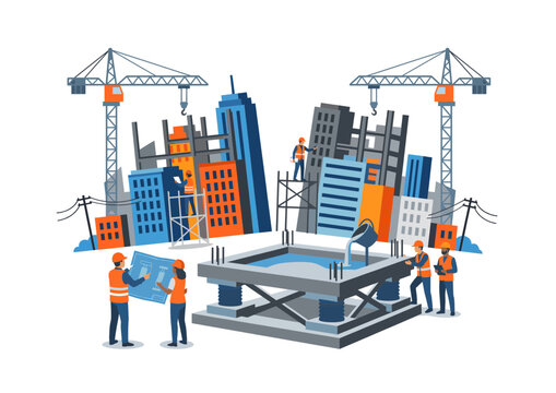 Civil engineers and construction workers working at a city building development site with tower cranes, blueprints, and an innovative earthquake-resistant seismic isolation foundation system. Flat vec