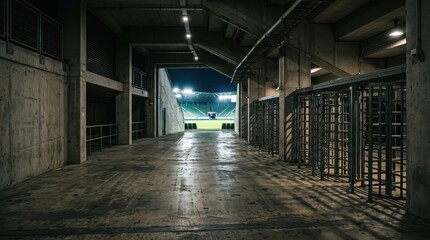 Naklejka premium Concrete stadium concourse with turnstiles and football pitch entrance