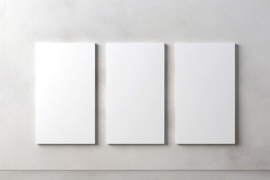 Three blank white canvas panels on a light gray wall in a minimalist setting