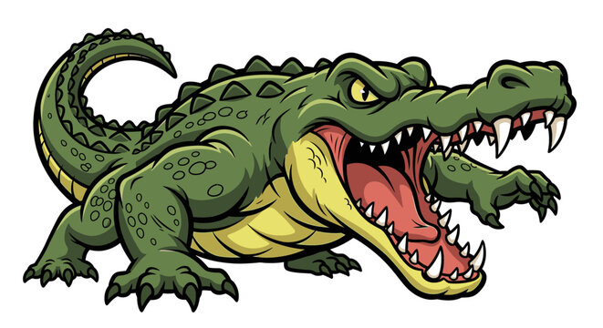 Angry green crocodile mascot with mouth open and teeth.