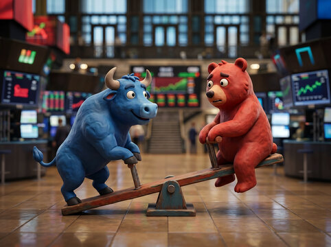 Claymation stock market scene with blue bull and red bear on seesaw representing financial volatility and trading trends within digital trading floor environment captured in artistic style.