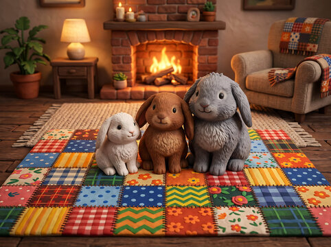 Adorable clay bunnies sitting on colorful patchwork quilt in front of warm brick fireplace with logs and cozy living room furniture in detailed 3d claymation style for seasonal greeting cards.