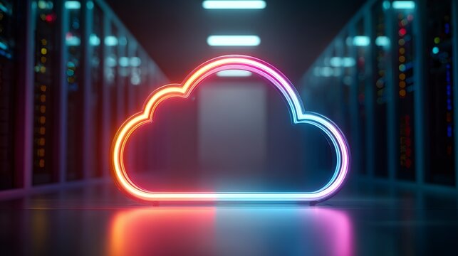 Vibrant cloud symbol in a data canter, representing modern digital storage technology with colorful lighting