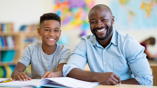 Happy teacher and student smiling in classroom, learning together, positive educational experience and youth development