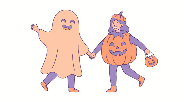 Two children in Halloween costumes walking together outdoors