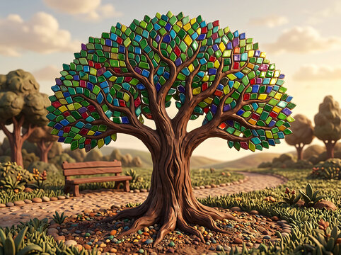 A vibrant, mosaic-style tree with colorful leaves made of stained glass pieces, standing on a pebbled path in a park with a wooden bench.