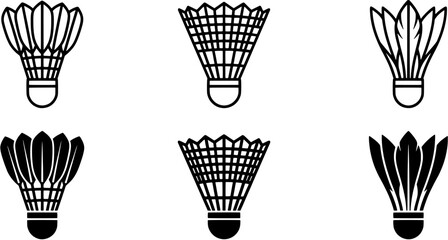 Fototapeta premium Badminton shuttlecock icon set. Collection of feather and nylon birdie designs in silhouette and outline styles. Editable vector illustration isolated on white background.