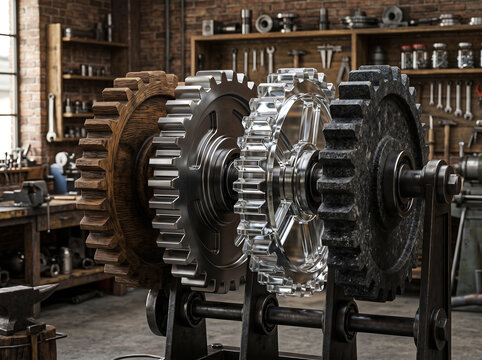 Close up of four intermeshed metal and wood gears of different sizes and textures on a stand in workshop setting with tools in background showcasing industrial concept.