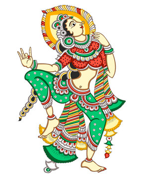 Traditional Indian Folk Dancer Hand Drawn Illustration in Kalamkari Style with Ornate Ethnic Costume