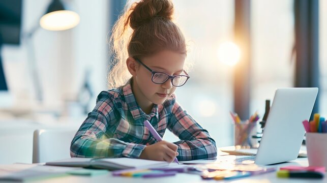 Young girl with glasses studying at desk, learning with laptop and notebook, bright modern room, school supplies