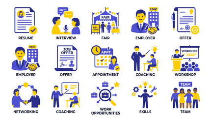 Fototapeta premium Job Search Icons: Resume, Interview, Fair, Employer, Offer, Appointment, Coaching, Workshop, Networking, Skills, Team