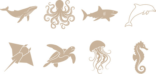 Marine Animal Vector Bundle Featuring Whale Octopus Shark Dolphin Stingray Turtle Jellyfish and Seahorse Ocean Wildlife Collection © MstRumana