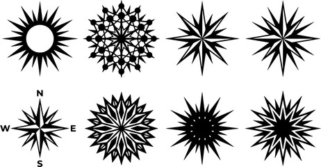 Obraz premium Star icon set. Collection of celestial sunburst and compass rose elements in black silhouette style. Editable vector illustration isolated on white background.