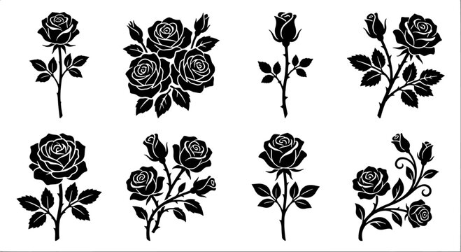 Rose flower icon set. Floral rose collection with buds and leaves in silhouette style. Editable vector illustration on white background.
