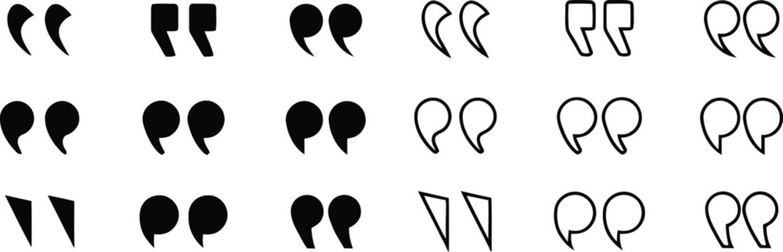 Quotation mark icon set in different styles for text, quotes and citations, Quotation Marks and Punctuation Icon Set, Quote Mark icon set.
