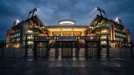 Naklejka premium Front view of illuminated stadium entrance gates under cloudy evening sky