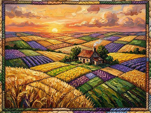 Impasto oil painting of agricultural fields landscape at sunset with small cottage and lavender patches colorful quilted pattern style countryside scenery with golden wheat and purple flowers.