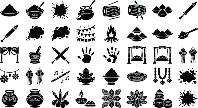 Set of holi festival related solid black vector icons representing indian spring holiday