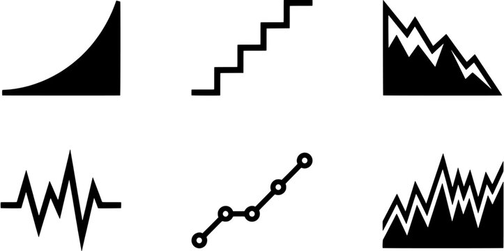 Business chart icon set. Financial growth, stock market trends and data analysis collection in silhouette style. Isolated on white background, fully scalable design.