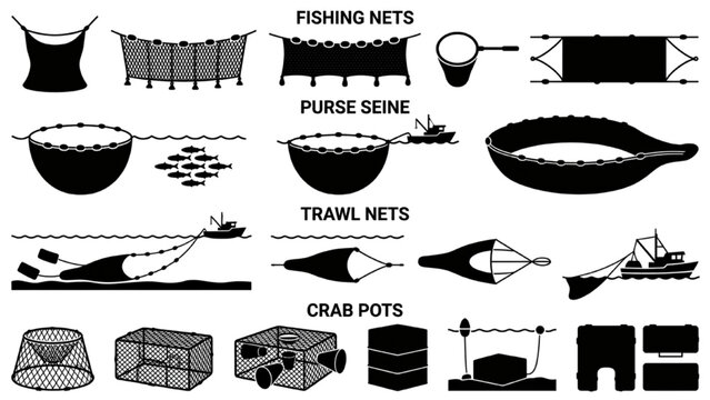 Commercial Fishing Nets Silhouette Icon Sheet, Trawl Net Crab Pot and Purse Seine Vector Symbols, Flat Black Marine Gear Isolated on White