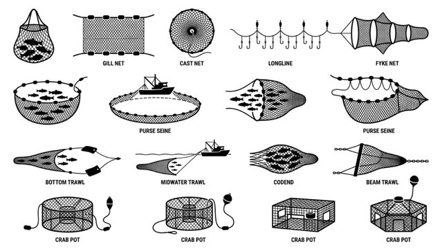 Commercial Fishing Nets Silhouette Icon Sheet, Trawl Net Crab Pot and Purse Seine Vector Symbols, Flat Black Marine Gear Isolated on White