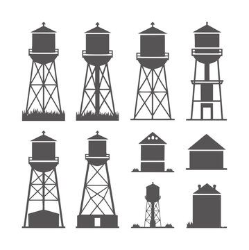 Collection of dark gray water tower silhouettes white