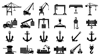 Fototapeta premium Marine Dock Cranes Silhouette Icon Sheet, Port Cargo Hoist and Shipping Anchor Vector Symbols, Flat Black Industrial Shapes Isolated White
