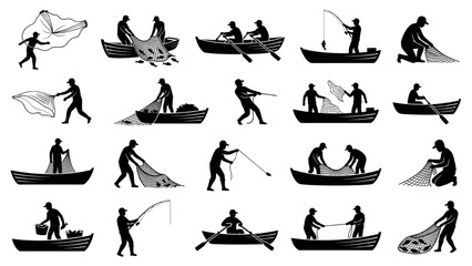 Obraz premium Traditional Fishermen Silhouette Icon Sheet, Casting Net Hauling Line Rowing Boat Vector Symbols, Flat Black People Shapes Isolated on White