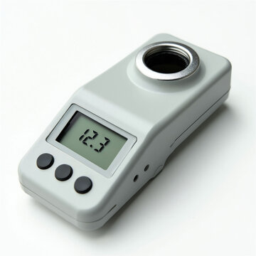 Handheld digital refractometer measures liquid sugar content on LCD screen. Device offers precise Brix readings for beverages and food production. Quality control tool.