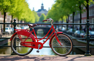 Fototapeta premium Red bicycle leans on railing over canal in sunny Amsterdam. Green trees line canal. Buildings and bridge visible in background. Typical Dutch city transport.