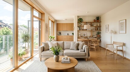 Fototapeta premium Modern Scandinavian Open Concept Living Room with Natural Light and Minimalist Wooden Interior Design