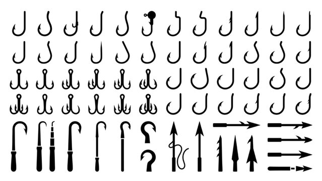 Fish Hook Varieties Silhouette Icon Sheet, Treble Circle Hook Gaff and Harpoon Vector Symbols, Flat Black Fishing Tackle Shapes Isolated White