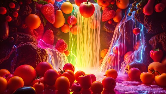 Vibrant fruit waterfall with rainbow colors and lightning effects