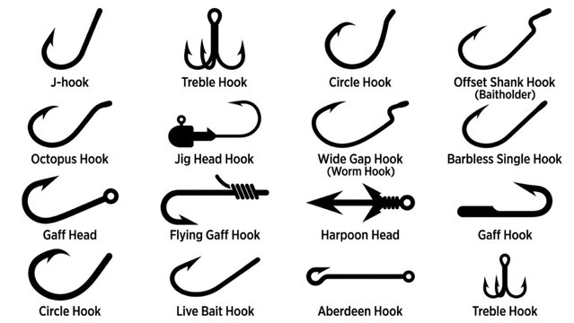 Fish Hook Varieties Silhouette Icon Sheet, Treble Circle Hook Gaff and Harpoon Vector Symbols, Flat Black Fishing Tackle Shapes Isolated White