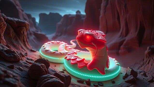 Glowing red snake robot on green platform in rocky desert landscape