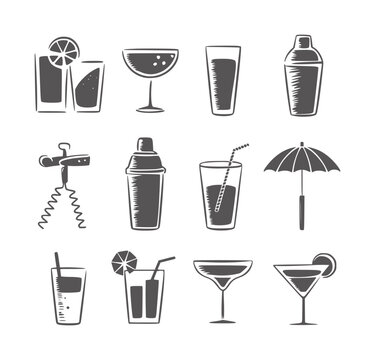Collection of hand drawn cocktail glasses shakers corkscrew and umbrella drink