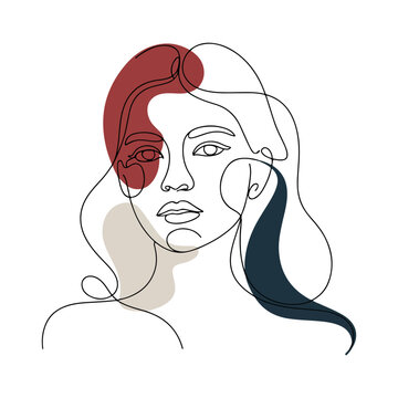 Minimalist continuous line art portrait of a beautiful woman with abstract shapes. Modern woman face line art illustration with terracotta and navy boho shapes. 